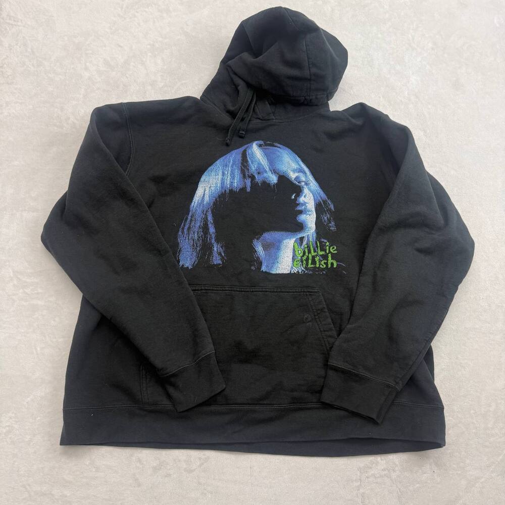 Billie Eilish Men's Black Hoodie Size XL Blue Portrait Graphic Streetwear